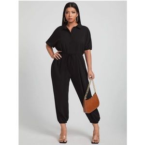 NEW BLack Solid Button Front Belted Jumpsuit, 1XL